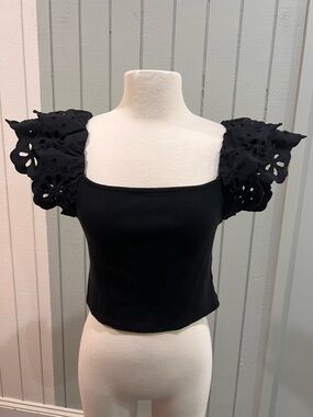 Black Square-Neck Crop Top with Eyelet Puff Sleeves